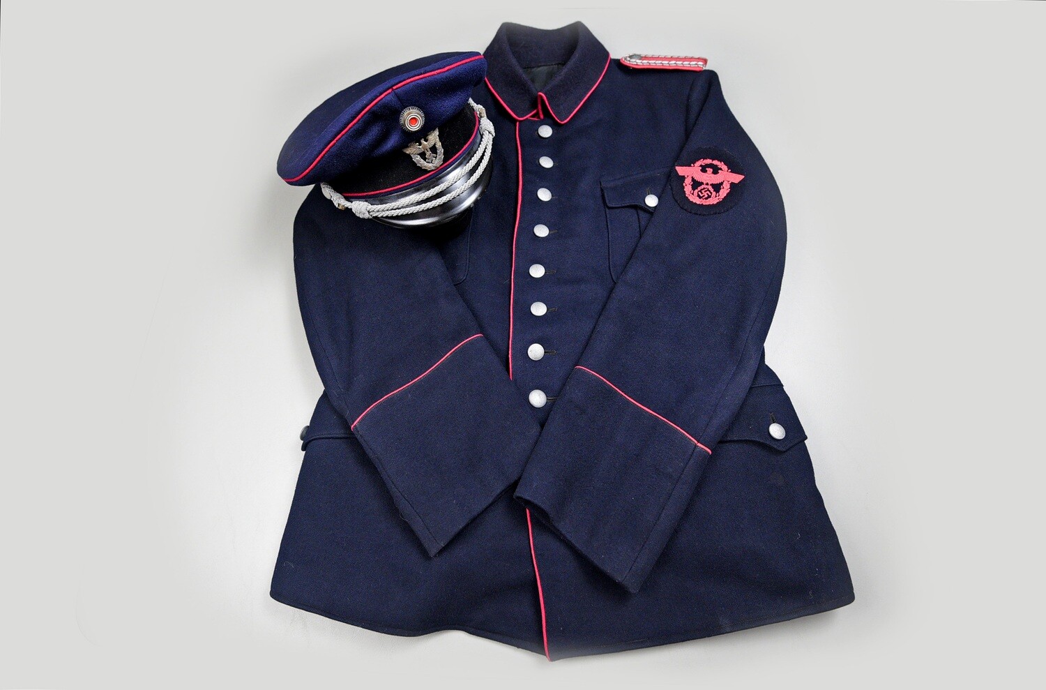WWII GERMAN FIRE PROTECTION POLICE WACHTMEISTER UNIFORM &amp; VISOR HAT