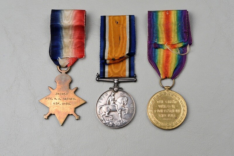 WWI BRITISH 1914-15 STAR TRIO TO PTE W.A. BAINES, RIF. BRIG.