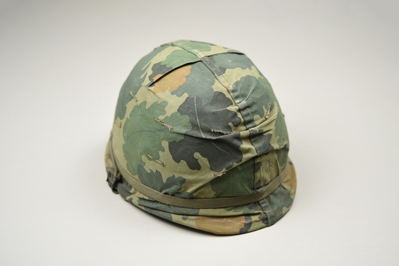 VIETNAM U.S. M1 STEEL HELMET w/MITCHELL CAMOUFLADGE COVER & GRAFFITTI