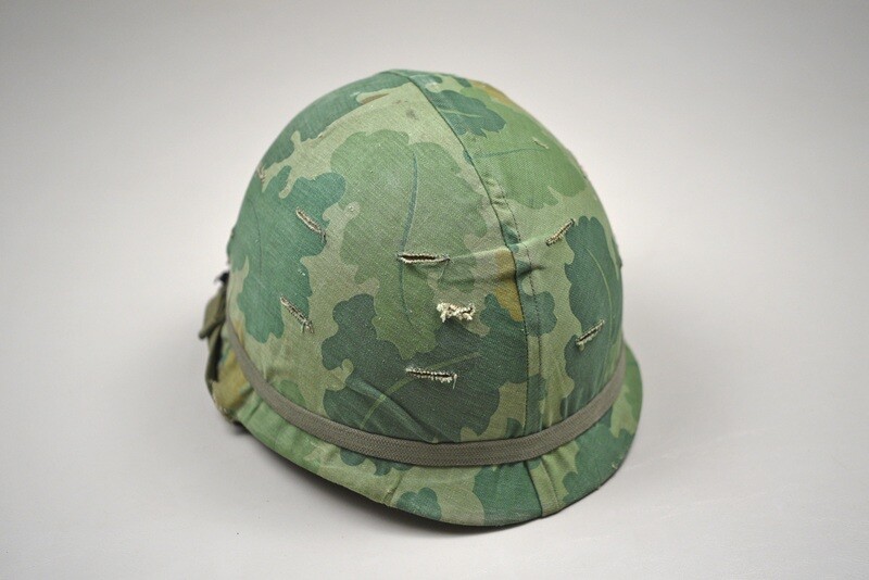 VIETNAM WAR U.S. M1 HELMET w/MITCHELL CAMOUFLAGED LINER AND BAND – COMPLETE