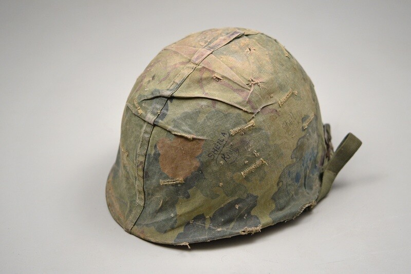 VIETNAM WAR M1 STEEL HELMET w/MITCHELL CAMOUFLAGED COVER & GRAFITTI