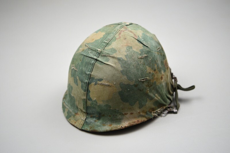VIETNAM U.S. M1 STEEL HELMET w/MITCHELL CAMOUFLAGE COVER & HELMET BAND VIETNAM U.S. M1 STEEL HELMET w/MITCHELL CAMOUFLAGE COVER & HELMET BAND