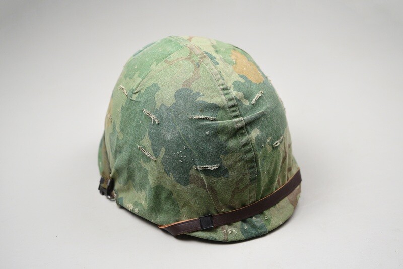 VIETNAM WAR U.S. M1 HELMET w/MITCHELL CAMOUFLAGE COVER & WWII LINER