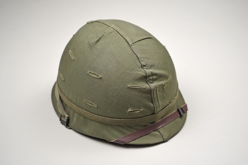 VIETNAM U.S. M1 STEEL HELMET w/EARLY GREEN CAMOUFLAGE COVER & HELMET BAND