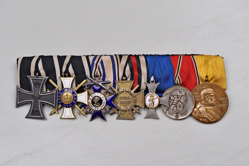 WWI GERMAN 1914 IRON CROSS 7-PLACE PARADE MOUNTED MEDAL BAR w/3 ORDERS