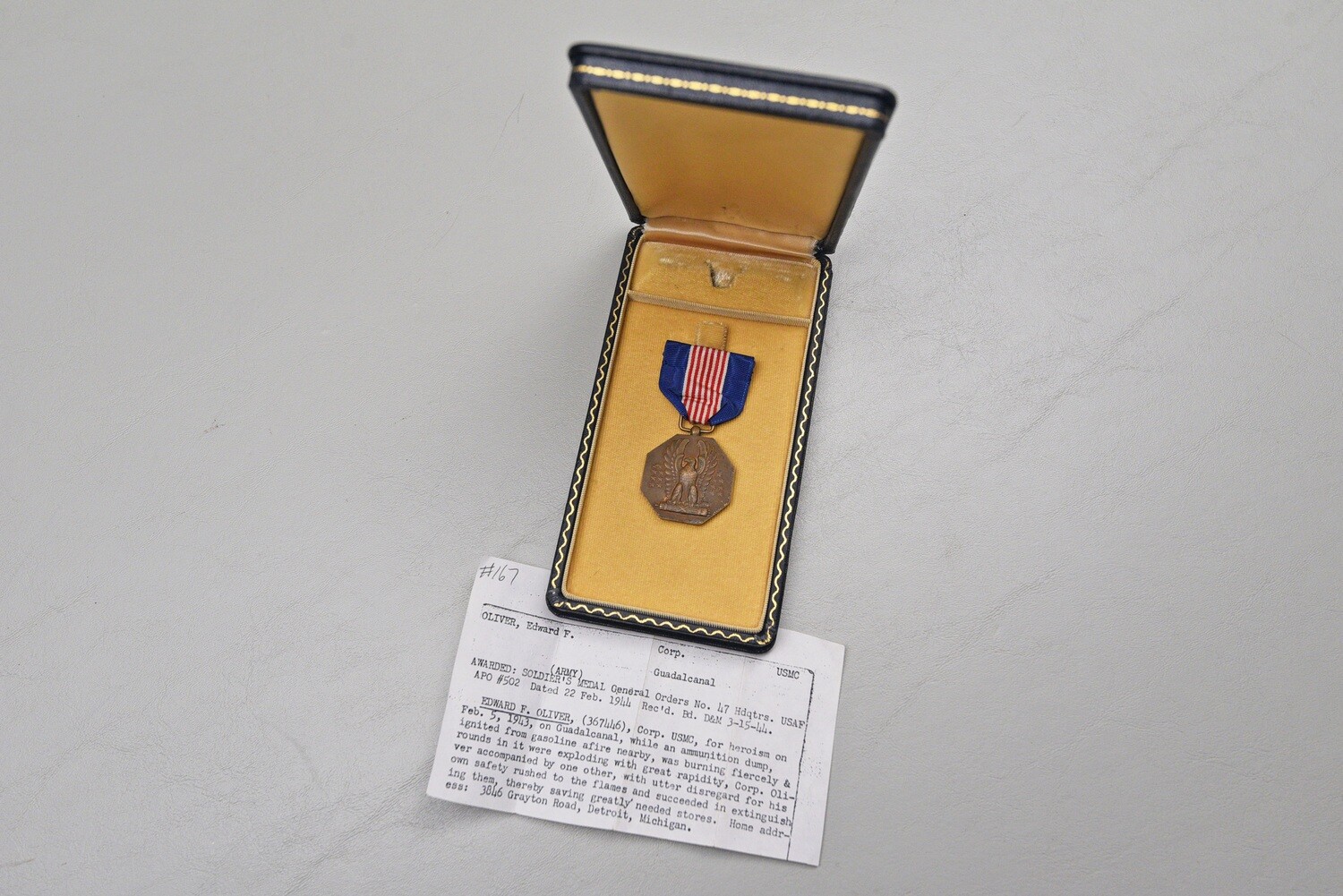 WWII U.S. SOLDIER&#39;S MEDAL NAMED TO U.S. MARINE ON GUADALCANAL w/CITATION - CASED