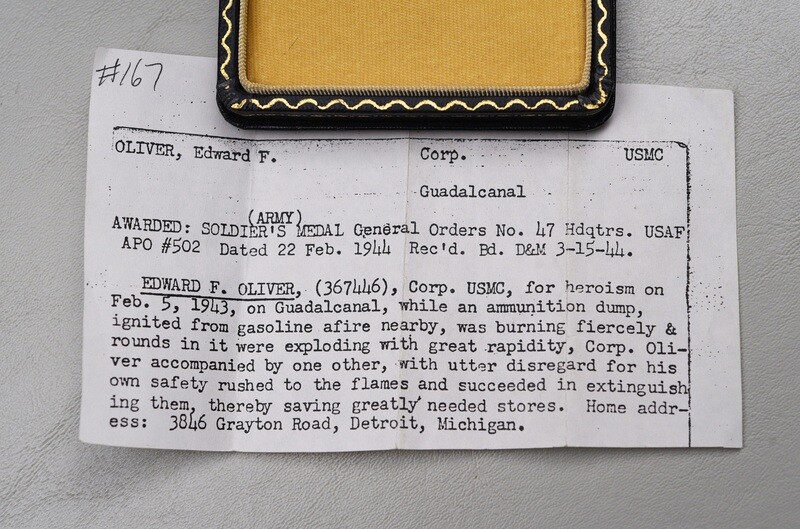WWII U.S. SOLDIER'S MEDAL NAMED TO U.S. MARINE ON GUADALCANAL w/CITATION - CASED