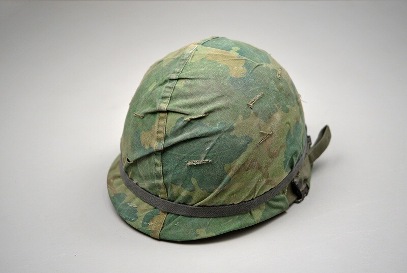 VIETNAM WAR U.S. ARMY M1 HELMET w/MITCHELL CAMOUFLAGE COVER - NAMED VIETNAM WAR U.S. ARMY M1 HELMET w/MITCHELL CAMOUFLAGE COVER - NAMED