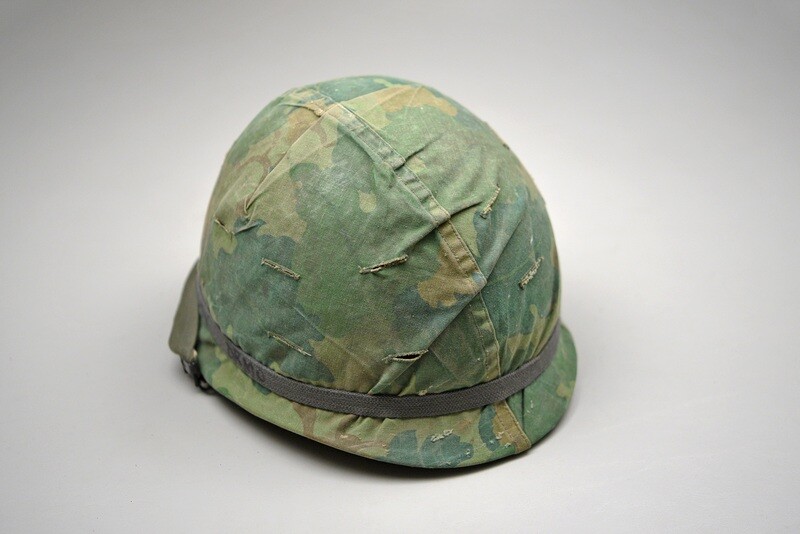 VIETNAM WAR U.S. ARMY M1 HELMET w/MITCHELL CAMOUFLAGE COVER - NAMED