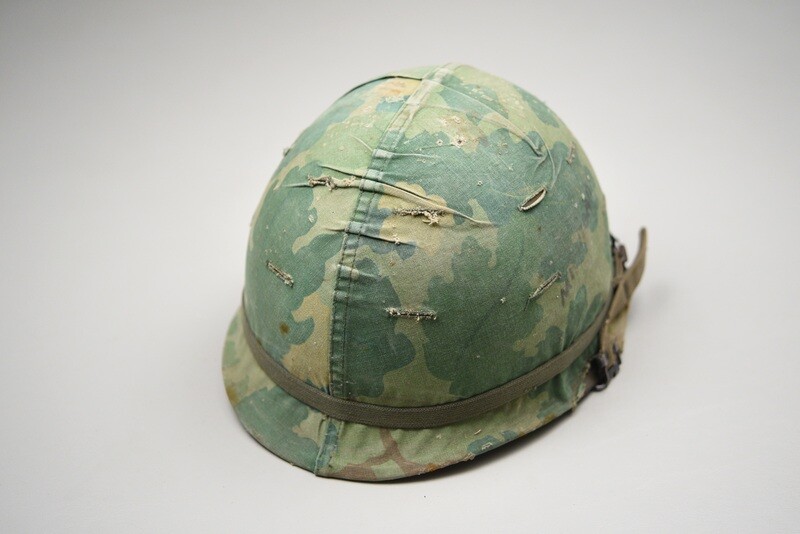 VIETNAM WAR U.S. ARMY M1 HELMET w/MITCHELL CAMOUFLAGE COVER & GRAFFITI
