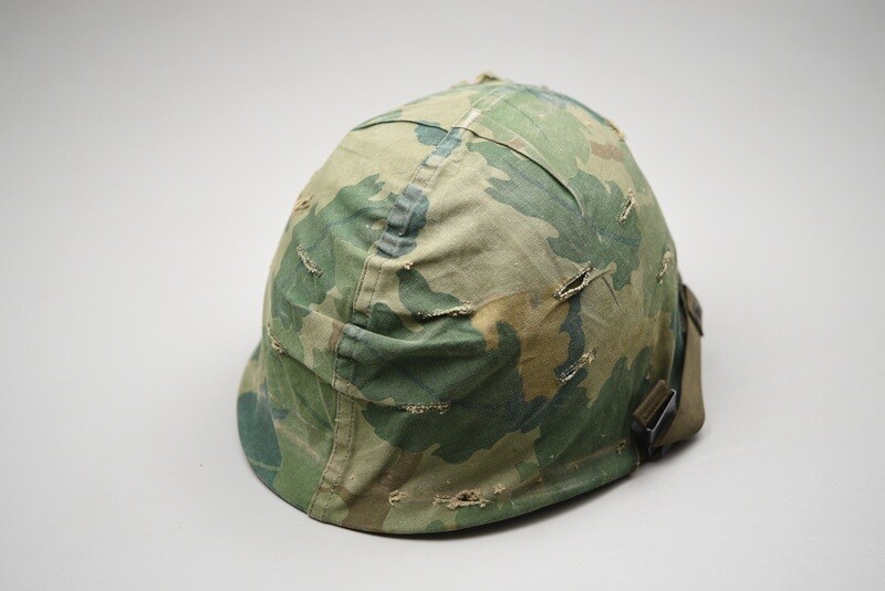 VIETNAM WAR U.S. ARMY M1 HELMET w/MITCHELL CAMOUFLAGE COVER - NURSE