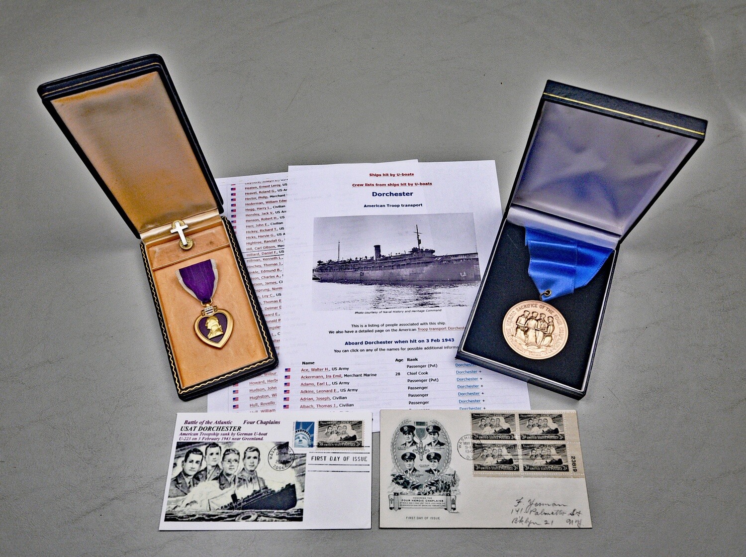 WWII U.S. PURPLE HEART MEDAL TO DANIAL F. HILLARD KIA ABOARD THE USS DORCHESTER