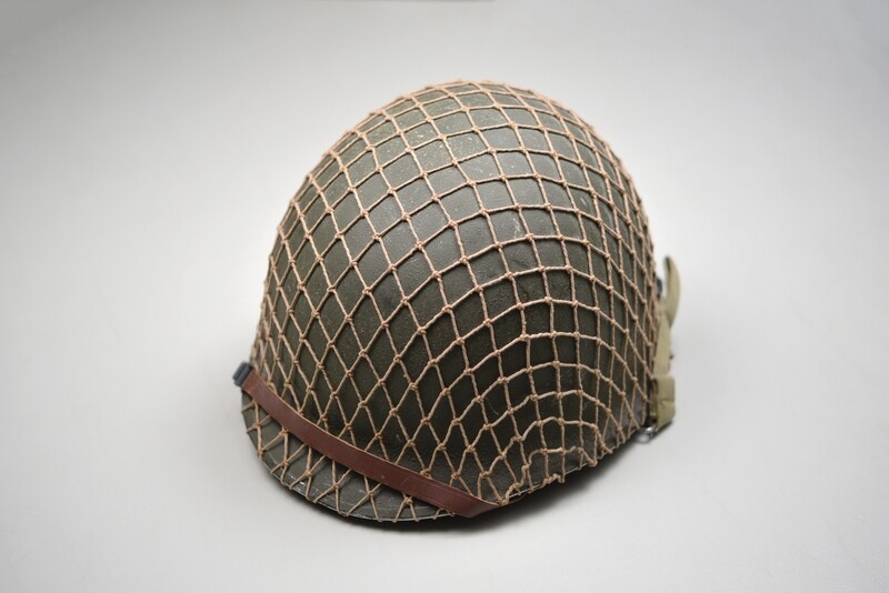 WWII U.S. M1 HELMET w/OD INVASION NET - FRONT SEAM