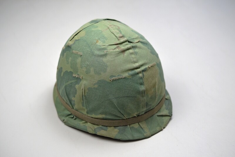 VIETNAM WAR U.S. M1 STEEL HELMET w/MITCHELL CAMOUFLAGED COVER - IDENTIFIED