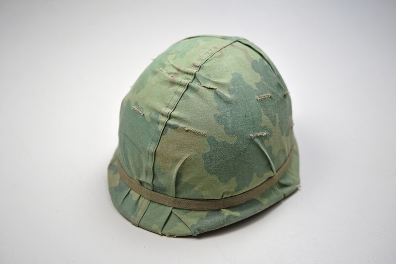 VIETNAM WAR U.S. M1 STEEL HELMET w/MITCHELL CAMOUFLAGED COVER - IDENTIFIED VIETNAM WAR U.S. M1 STEEL HELMET w/MITCHELL CAMOUFLAGED COVER - IDENTIFIED