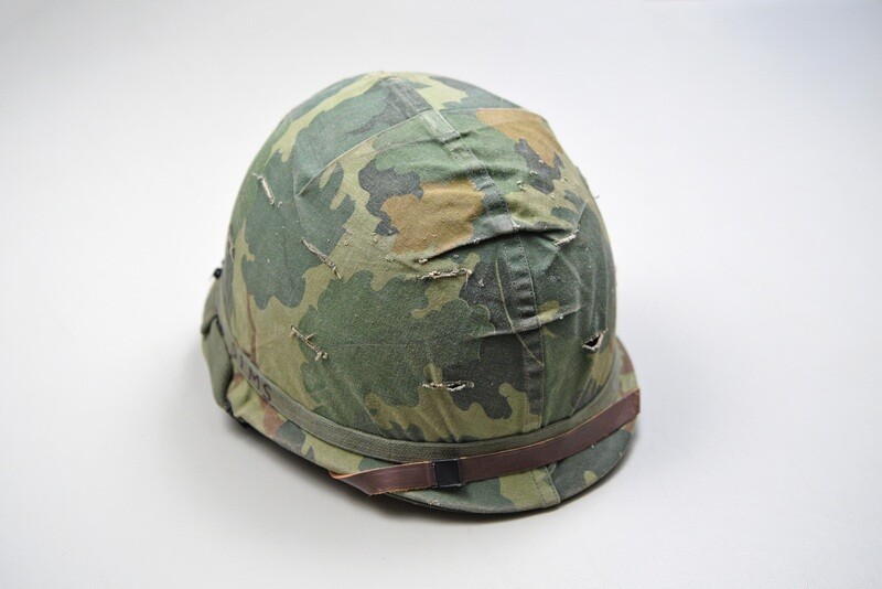VIETNAM WAR U.S. M1 STEEL HELMET w/MITCHELL CAMOUFLAGE COVER - IDENTIFIED VIETNAM WAR U.S. M1 STEEL HELMET w/MITCHELL CAMOUFLAGE COVER - IDENTIFIED