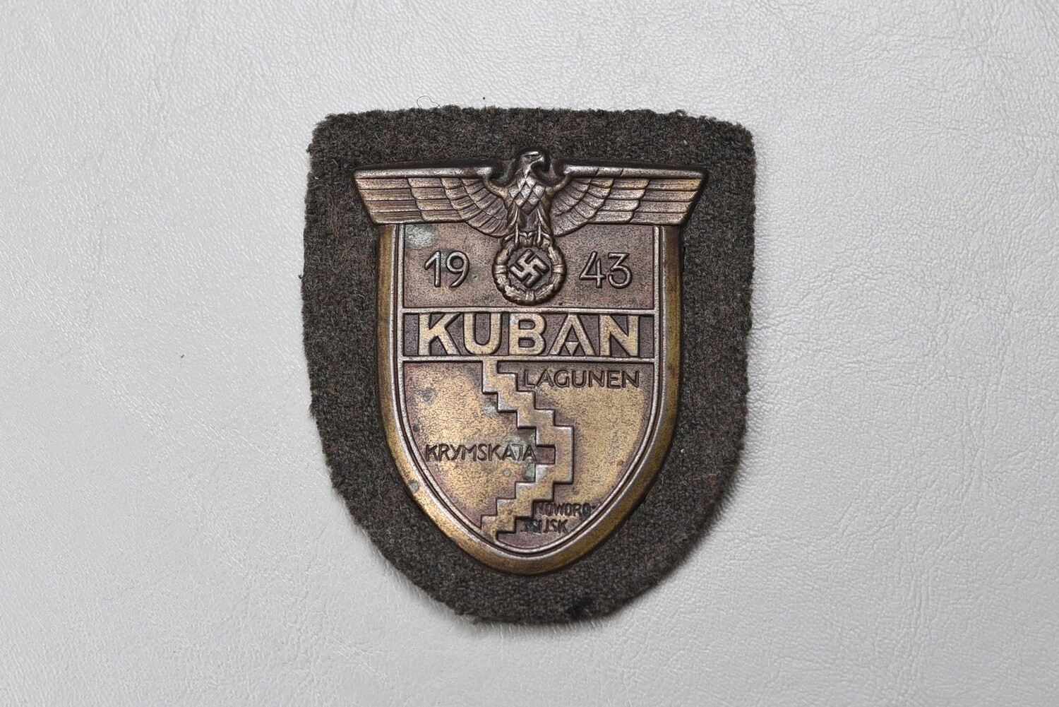 WWII GERMAN ARMY KUBAN SHIELD ON WOOL BACKING - UNIFORM REMOVED
