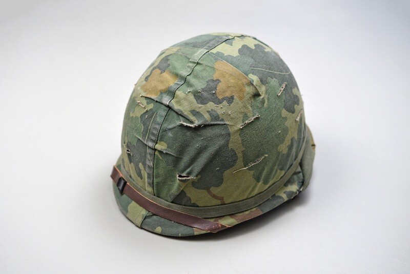 VIETNAM WAR U.S. M1 STEEL HELMET w/MITCHELL CAMOUFLAGE COVER - IDENTIFIED
