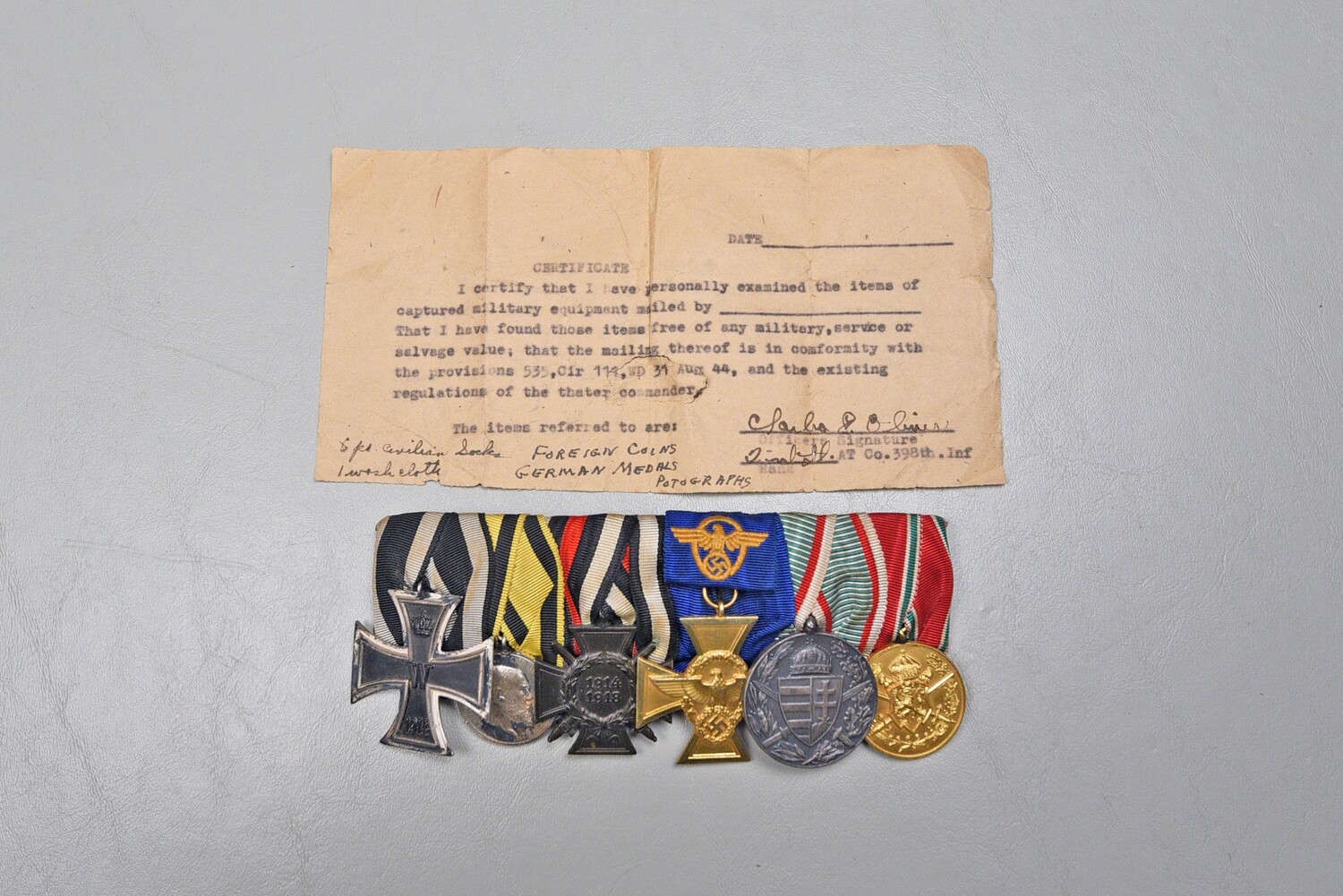 WWI GERMAN 1914 IRON CROSS 6-PLACE MEDAL BAR w/CAPTURE PAPER