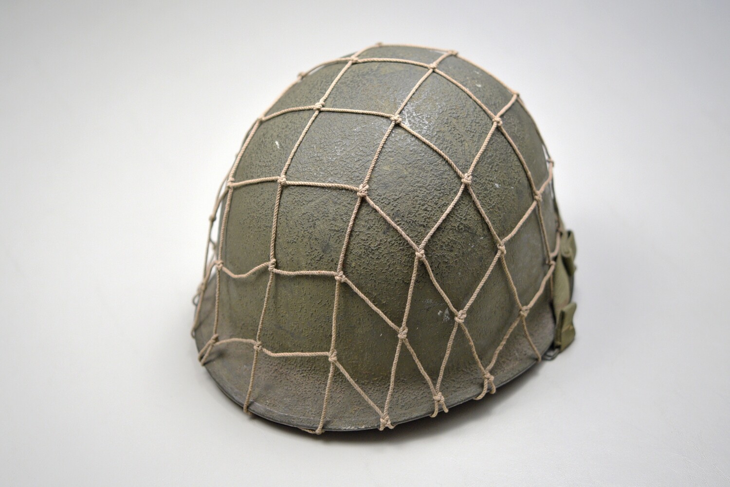 WWII U.S. M1 HELMET w/LARGE HOLE NET, RAYON WEBBING &amp; SWEATBAND - EXCELLENT