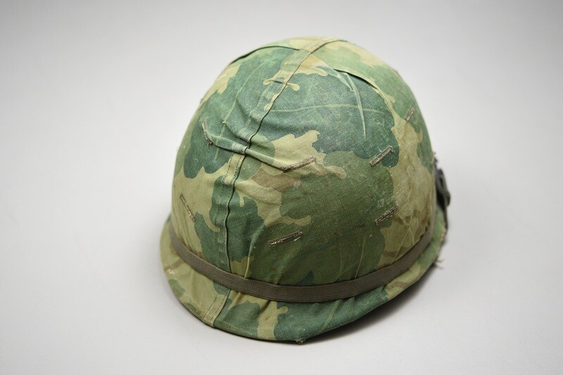 VIETNAM U.S. M1 STEEL COMBAT HELMET w/EARLY MITCHELL CAMOUFLAGE COVER