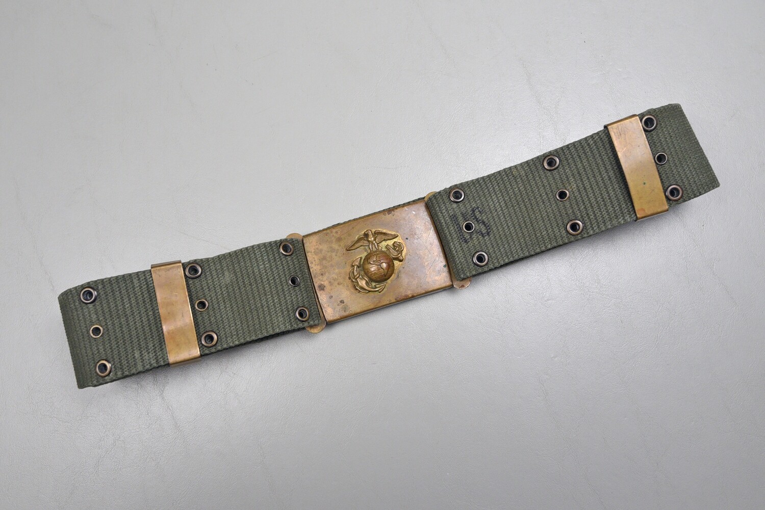 VIETNAM WAR U.S. MARINE CORPS DRILL INSTRUCTORS GREEN WEB BELT &amp; BASS EGA BUCKLE