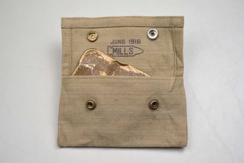 WWI U.S. FIRST AID CARRIER BY MILLS w/BAUER &amp; BLACK BANDAGE - DATED JUNE 1918