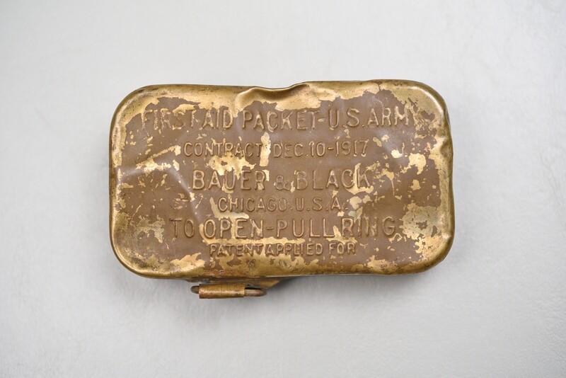 WWI U.S. FIRST AID CARRIER BY MILLS w/BAUER & BLACK BANDAGE - DATED JUNE 1918