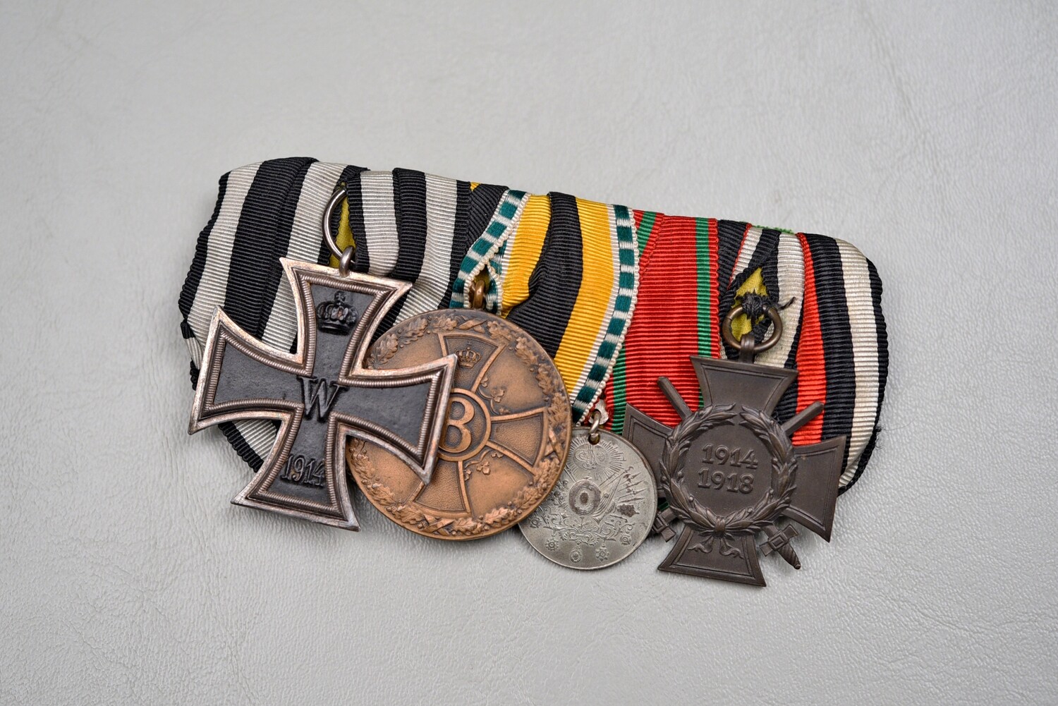 WWI GERMAN 1914 IRON CROSS/SAXE-MEININGEN WAR MERIT MEDAL/TURKISH 4-PLACE MEDAL BAR
