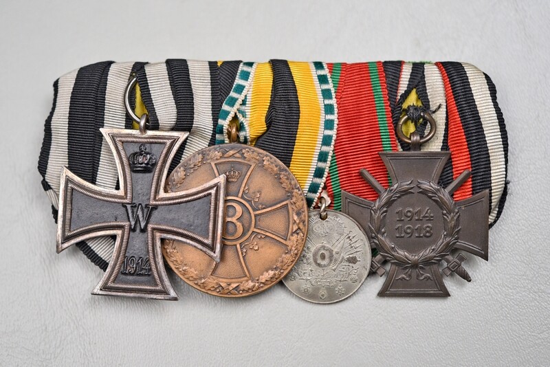 WWI GERMAN 1914 IRON CROSS/SAXE-MEININGEN WAR MERIT MEDAL/TURKISH 4-PLACE MEDAL BAR