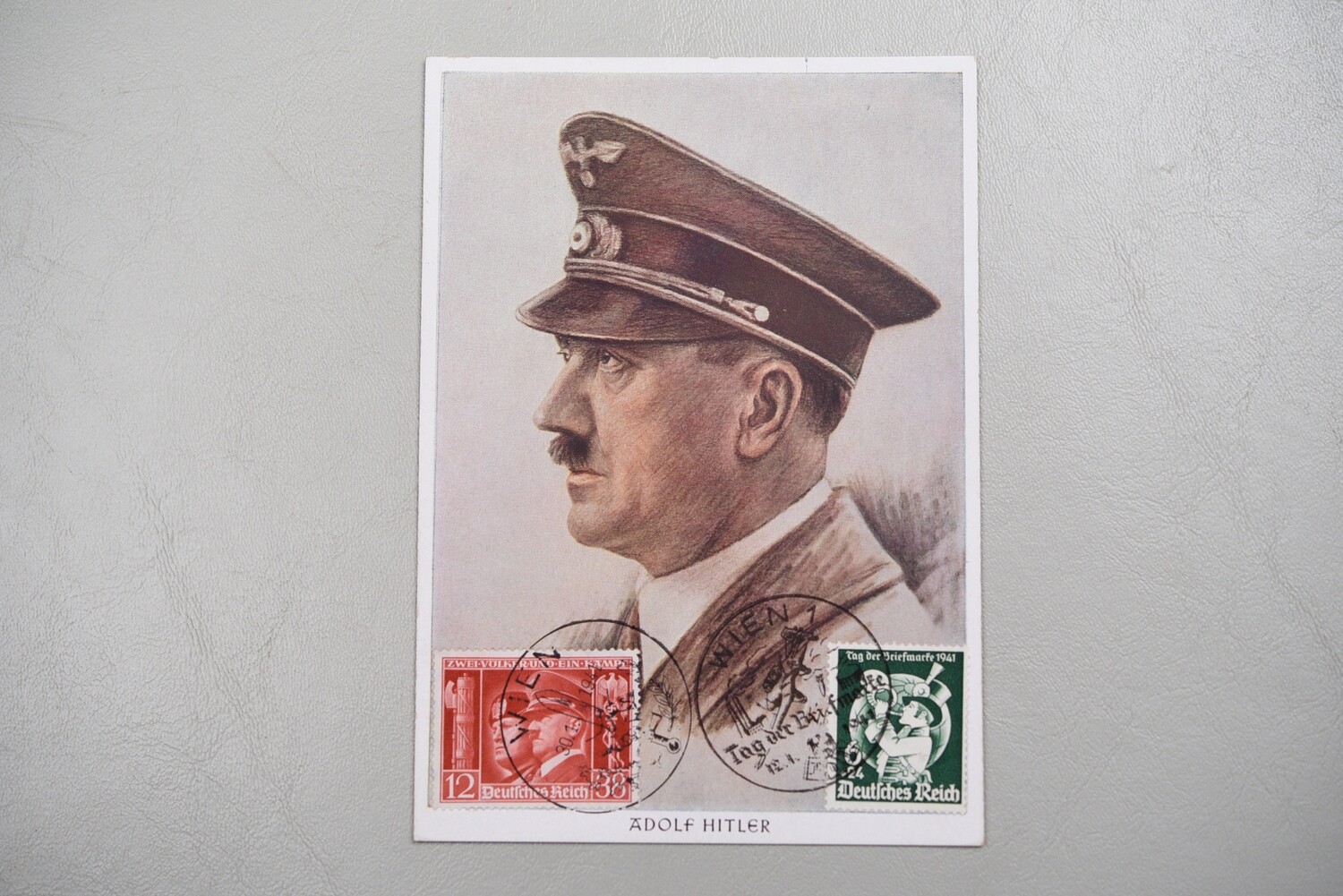 WWII GERMAN ADOLF HITLER PHOTO POSTCARD w/STAMPS - COLOR, UNUSED