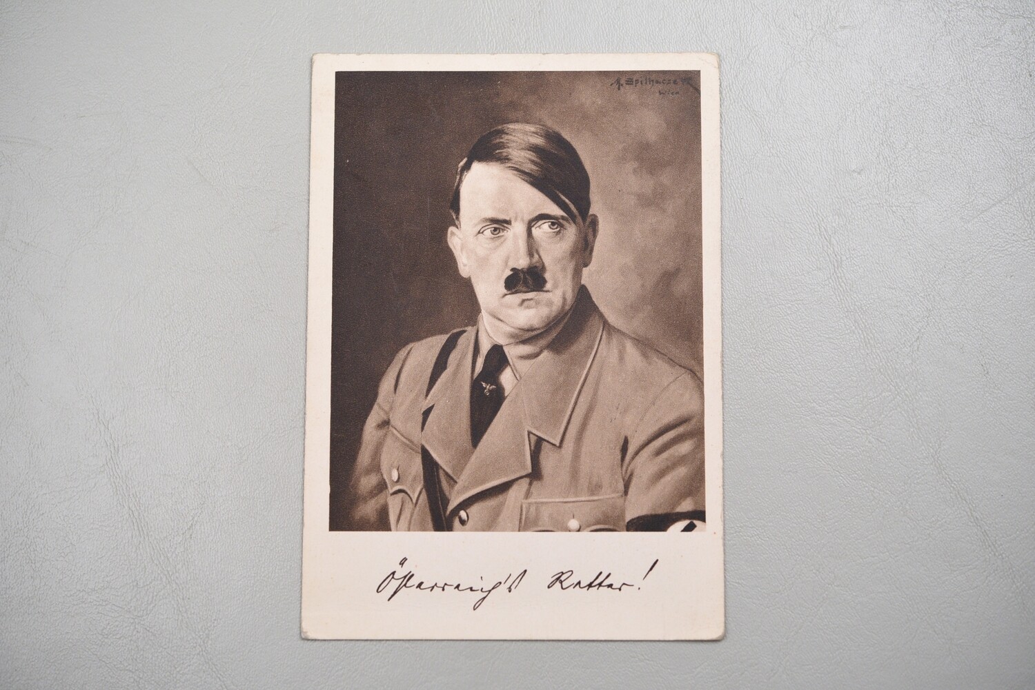WWII GERMAN ADOLF HITLER PHOTO POSTCARD w/STAMPS - SEPIA TONE, USED