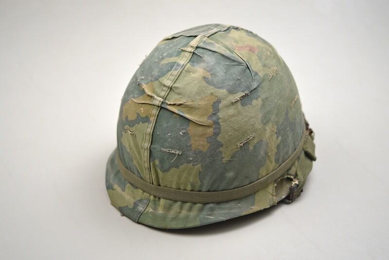 VIETNAM U.S. M1 STEEL HELMET w/MITCHELL CAMOUFLAGE COVER - DATED VIETNAM U.S. M1 STEEL HELMET w/MITCHELL CAMOUFLAGE COVER - DATED