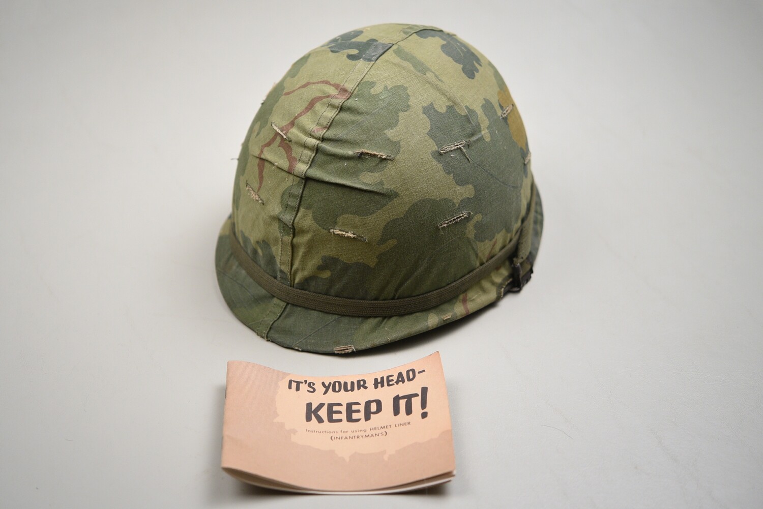 VIETNAM U.S. M1 STEEL HELMET w/MITCHELL CAMOUFLAGE COVER &amp; INSTRUCTION BOOKLET