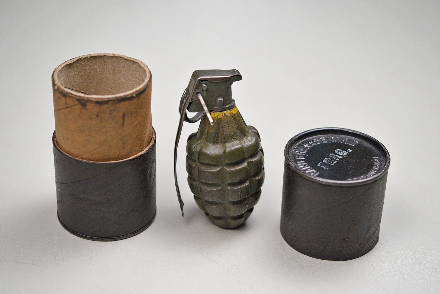 WWII U.S. MK 2 FRAGMENTATION HAND GRENADE w/MK 10A3 FUZE IN M41 CONTAINER - INERT