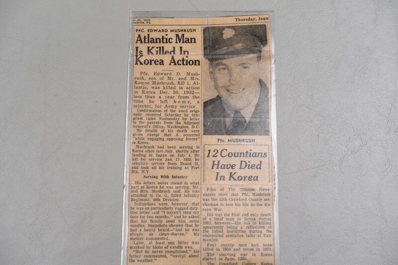 KOREAN WAR U.S. ARMY PURPLE HEART MEDAL GROUP NAMED TO PFC EDWARD MUSHRUSH w/NEWSPAPER CLIPPING