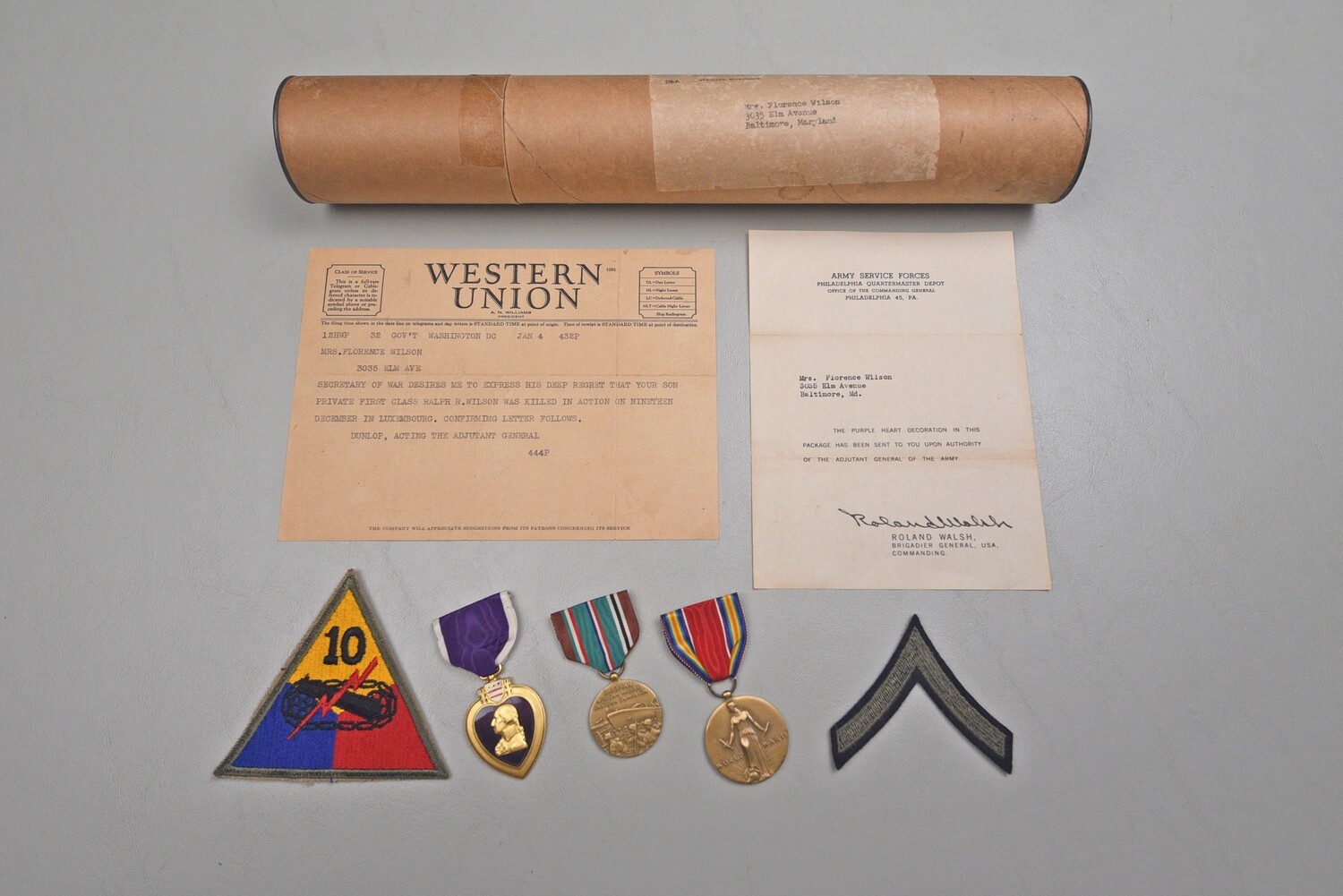 WWII U.S. ARMY PURPLE HEART MEDAL NAMED TO PFC RALPH WILSON - KIA 12/19/1944 IN LUXEMBOURG