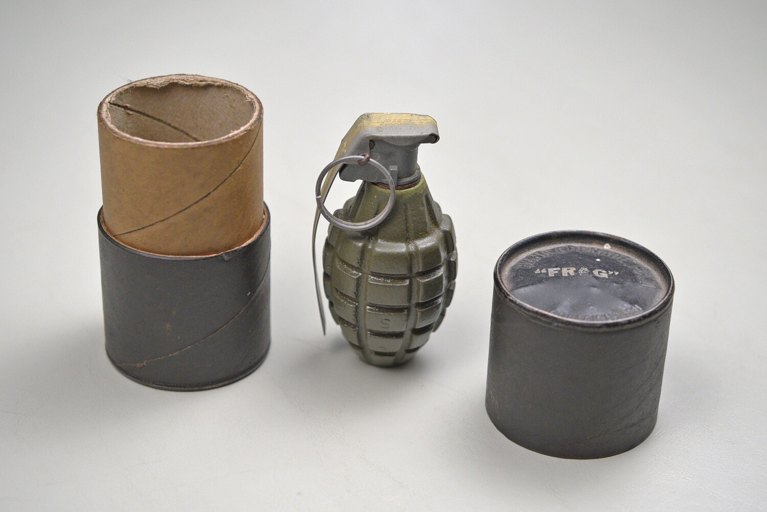 WWII U.S. MK 2 FRAGMENTATION HAND GRENADE w/MK 10A3 FUZE IN M41 CONTAINER - INERT