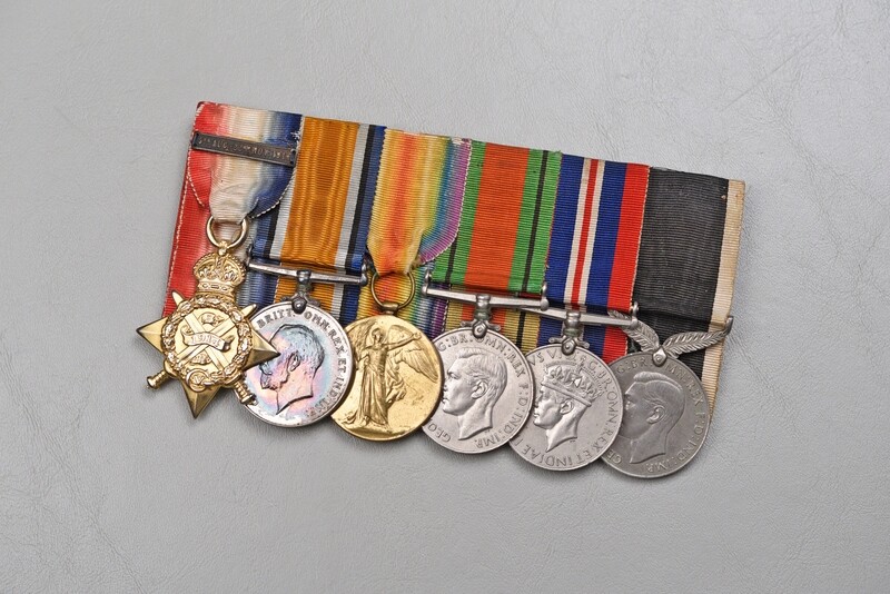 WWI BRITISH 1914 STAR w/'MONS' BAR 6-PLACE MEDAL GROUP TO 7th DRAGOON GUARDS WWI BRITISH 1914 STAR w/'MONS' BAR 6-PLACE MEDAL GROUP TO 7th DRAGOON GUARDS