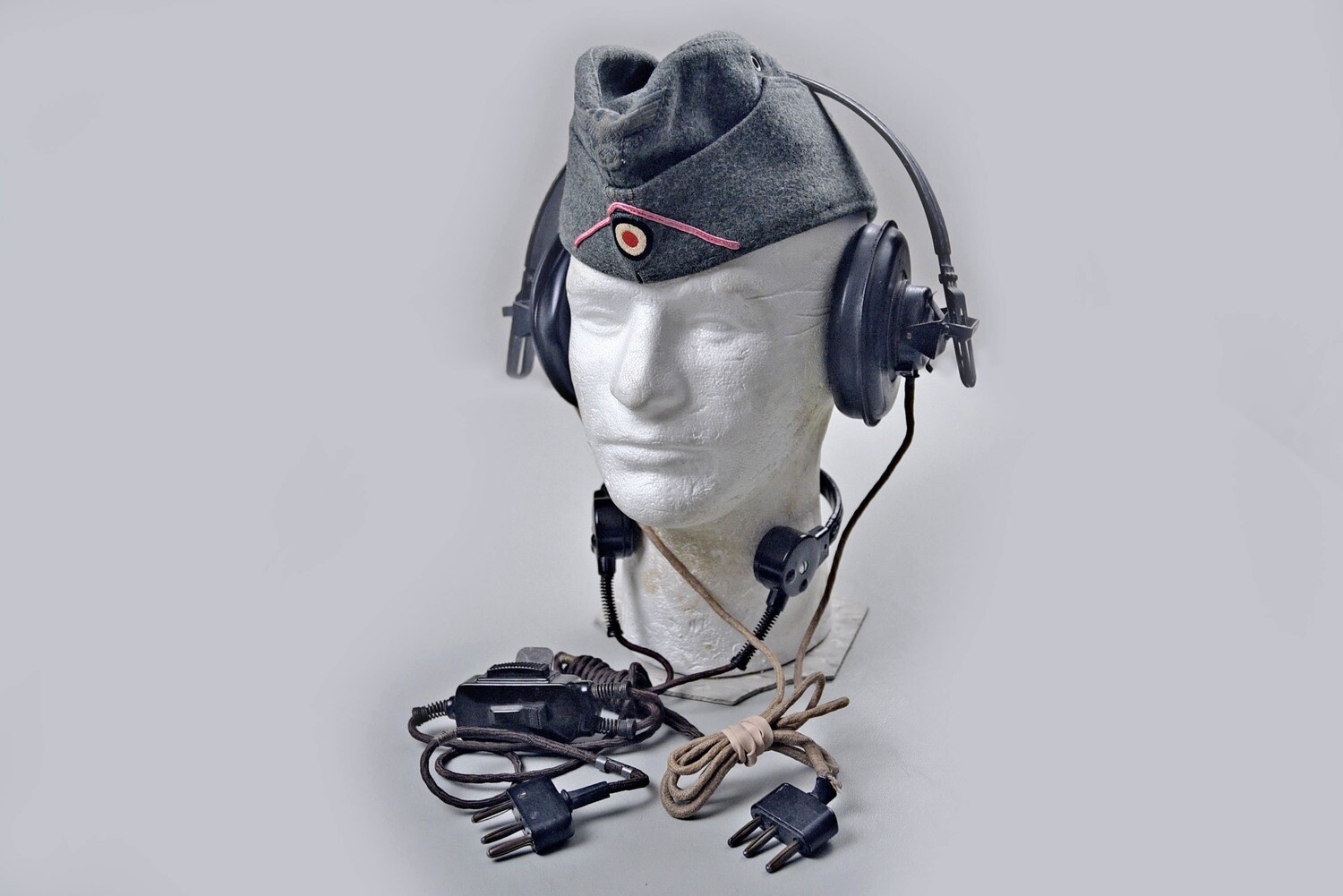 WWII GERMAN PANZER CREWMAN’S OVERSEAS CAP, HEADPHONE, &amp; THROAT MIC GROUP
