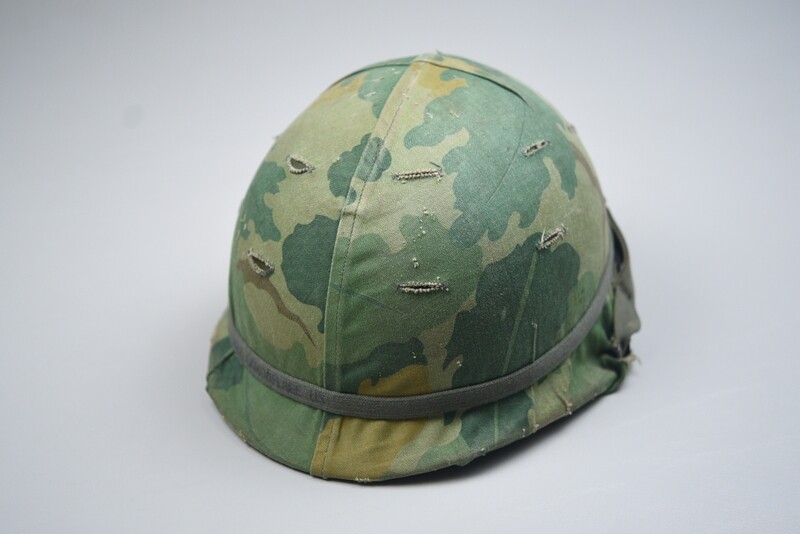 VIETNAM WAR U.S. M1 HELMET w/MITCHELL TWILL CAMOUFLAGE COVER - DATED 1965 VIETNAM WAR U.S. M1 HELMET w/MITCHELL TWILL CAMOUFLAGE COVER - DATED 1965