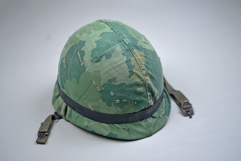 VIETNAM WAR U.S. M1 HELMET w/MITCHELL TWILL CAMO COVER - DATED 1965 & INNER TUBE BAND