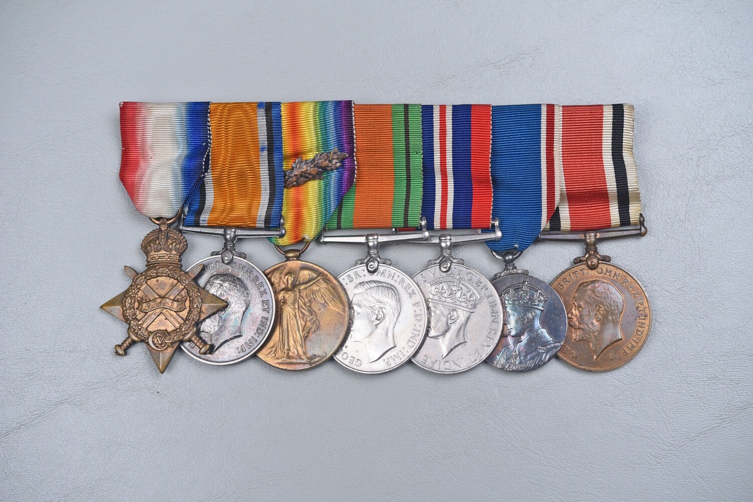 WWII BRITISH 1914-15 STAR 7-MEDAL BAR TO ROYAL FUSILIERS w/MID - ORIGINAL RIBBONS
