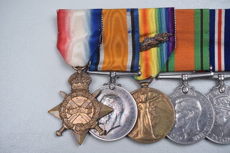 WWII BRITISH 1914-15 STAR 7-MEDAL BAR TO ROYAL FUSILIERS w/MID - ORIGINAL RIBBONS