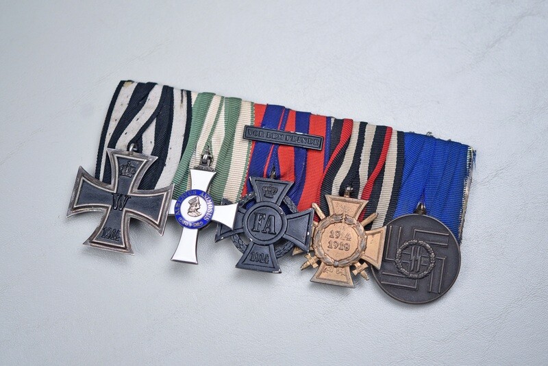 WWI/II GERMAN 1914 IRON CROSS/ALBRECHT ORDER / OLDENBURG CROSS / 8-YEAR SS 5-PLACE MEDAL BAR