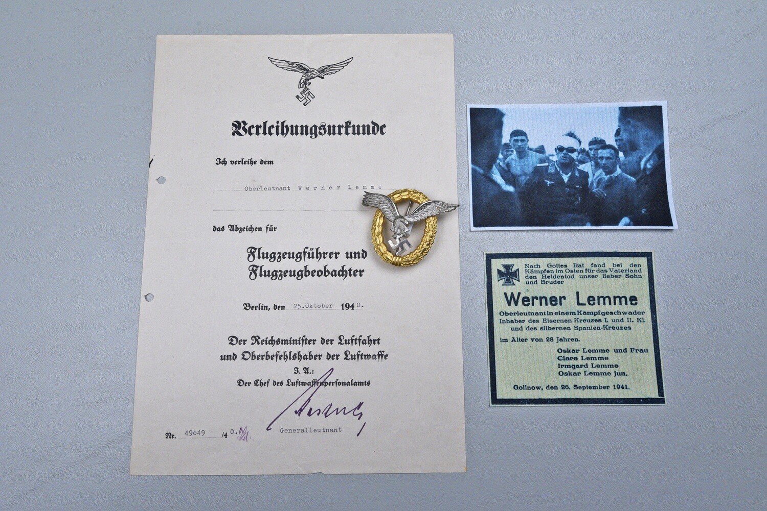 WWII GERMAN LUFTWAFFE PILOT-OBSERVER BADGE &amp; DOCUMENT GROUP TO OBLT. WERNER LEMME