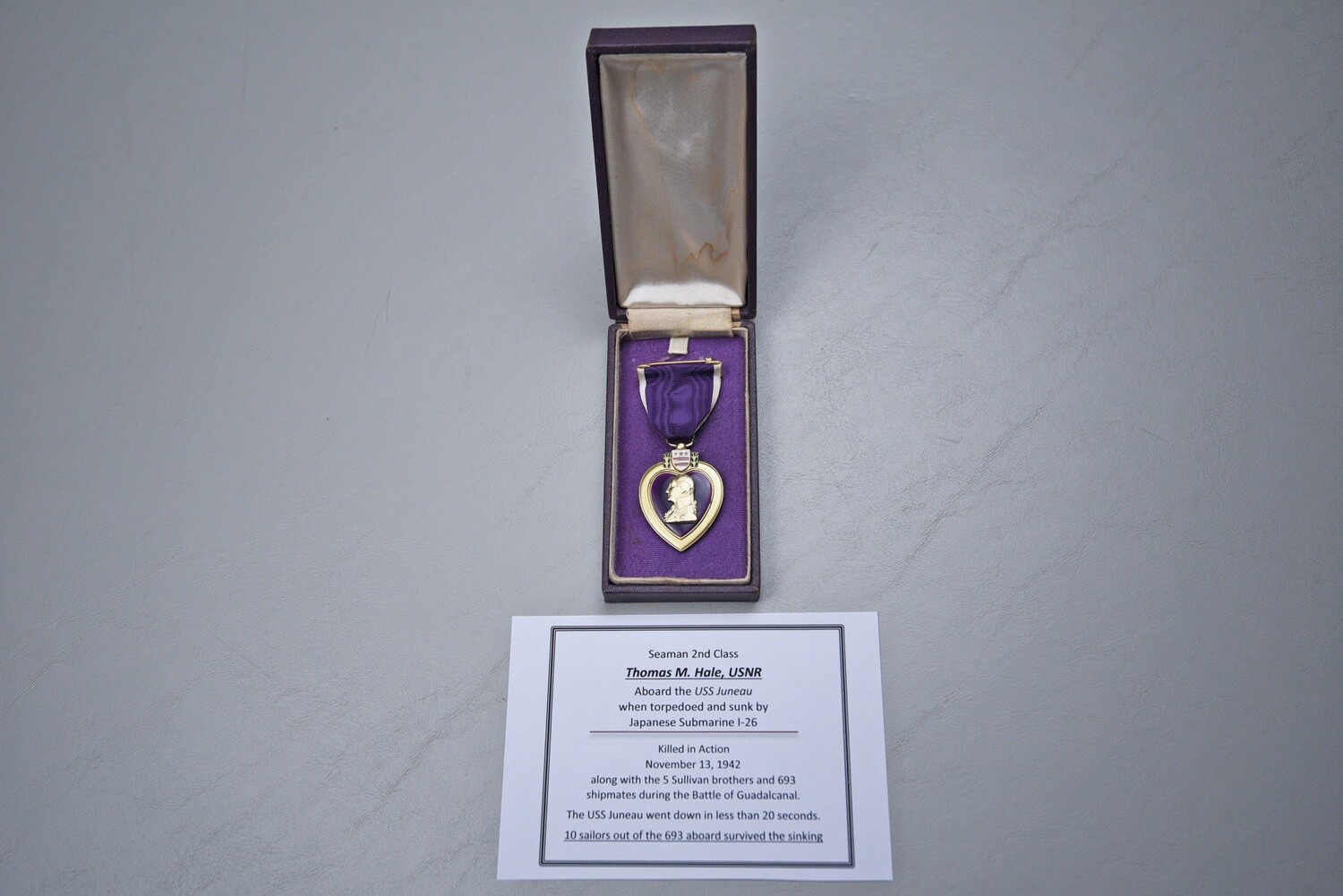 WWII U.S. NAVY TYPE 1 PURPLE HEART IN PURPLE BOX NAME TO USS JUNEAU KIA - STERLING