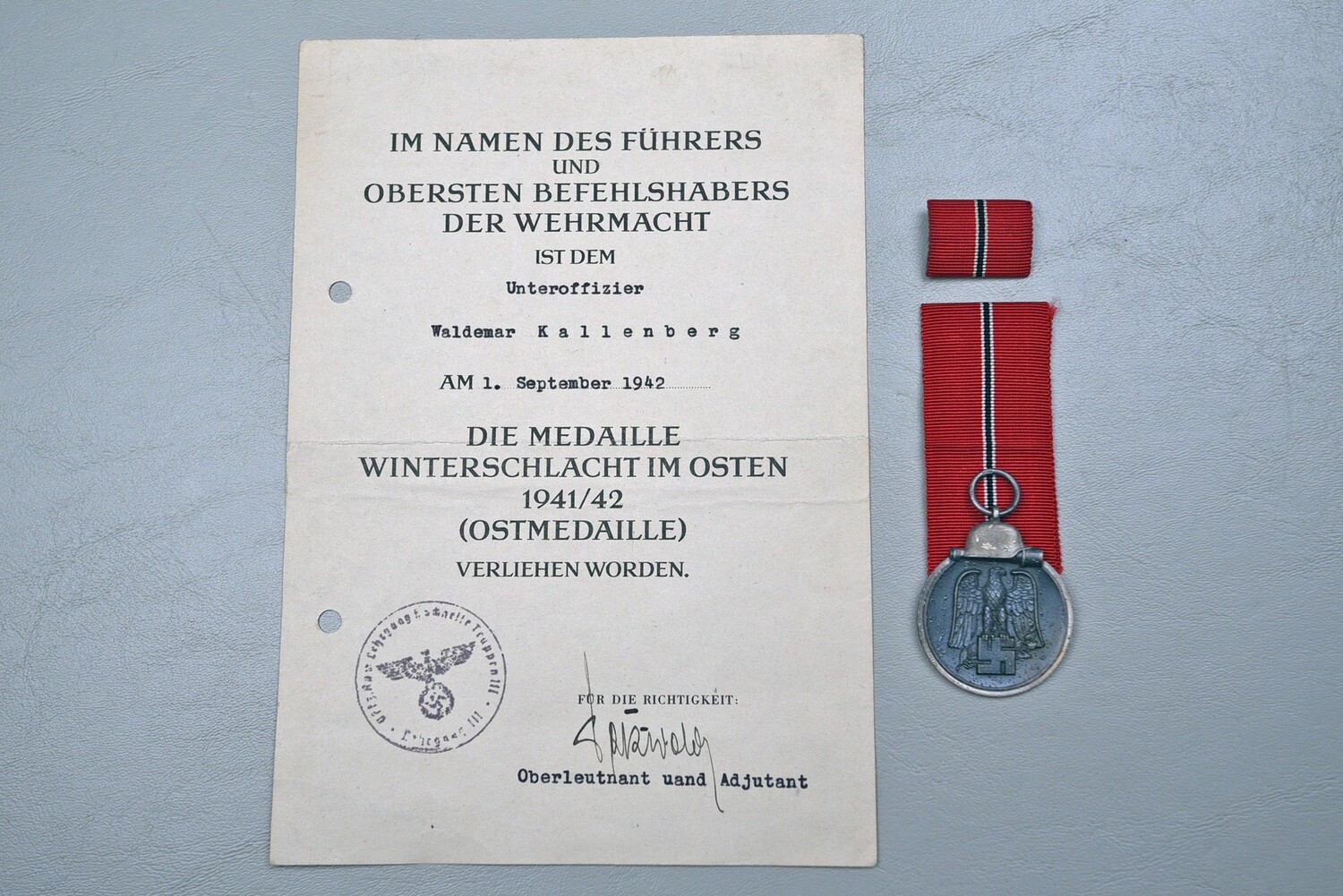 WWII GERMAN RUSSIAN FRONT MEDAL w/DOCUMENT &amp; RIBBON BAR