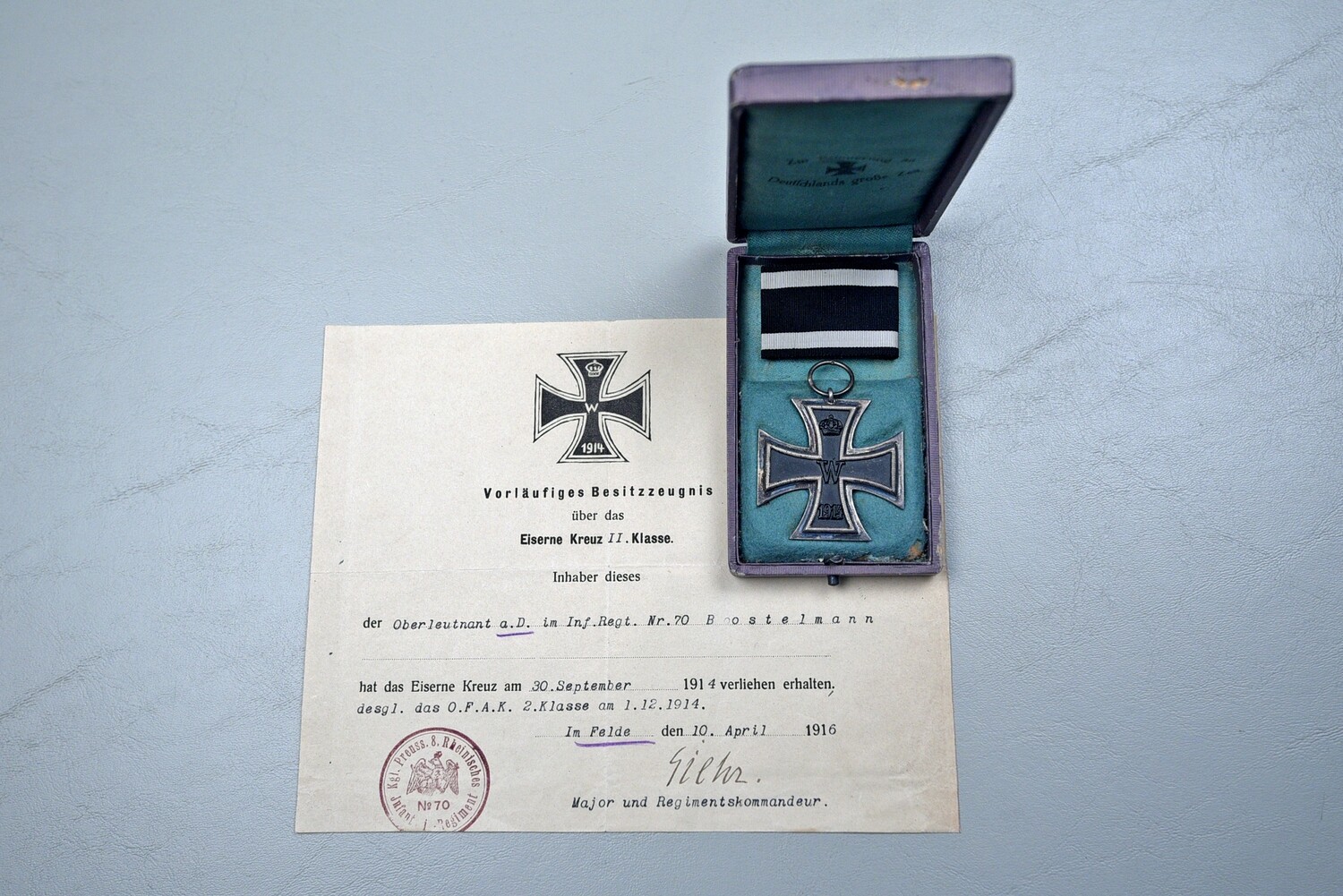 WWI GERMAN 1914 IRON CROSS 2nd CLASS IN CASE w/AWARD DOCUMENT TO OFFICER