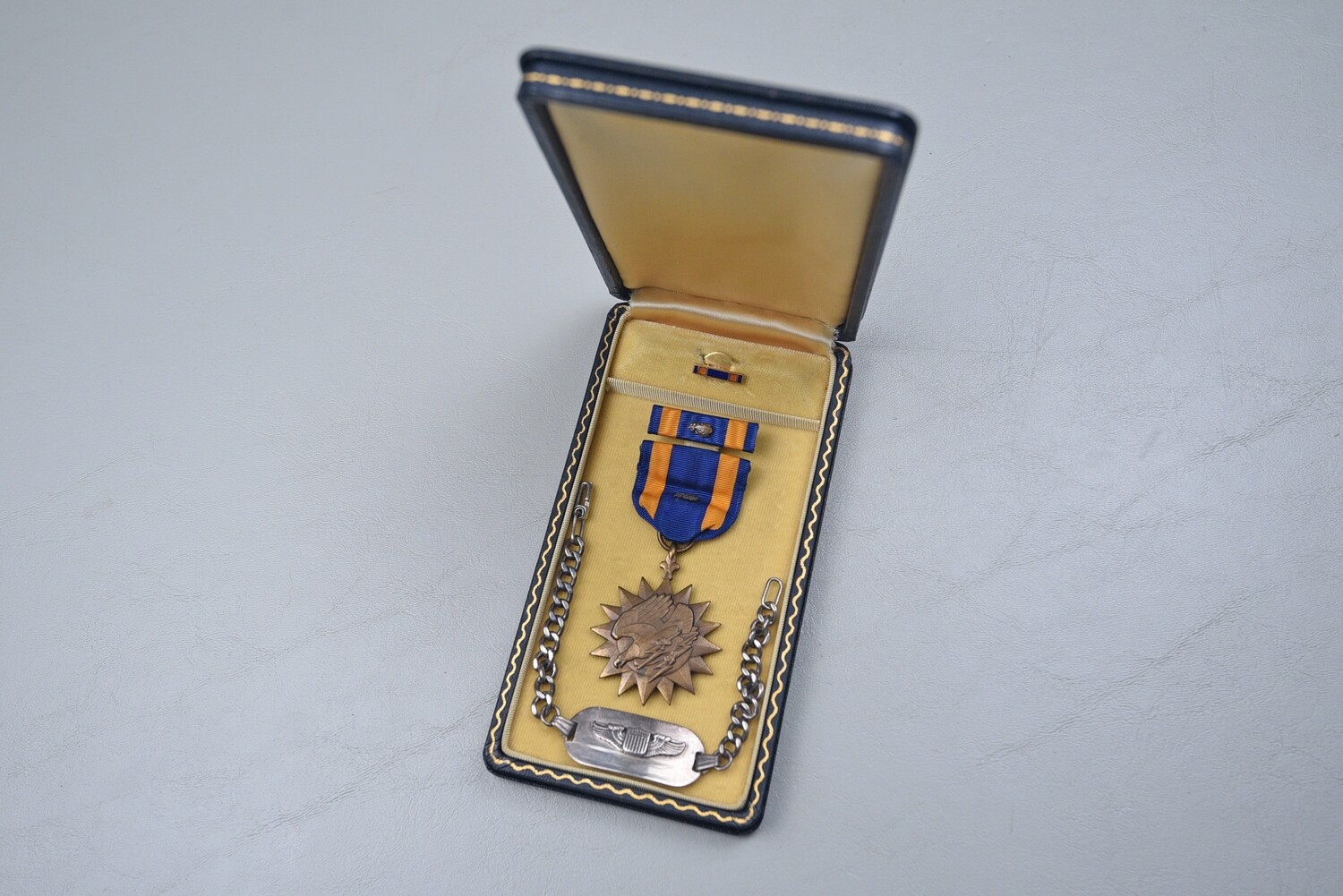 WWII U.S. ARMY AIR CORPS CASED AIR MEDAL &amp; BRACELET - PIN BACK, STERLING